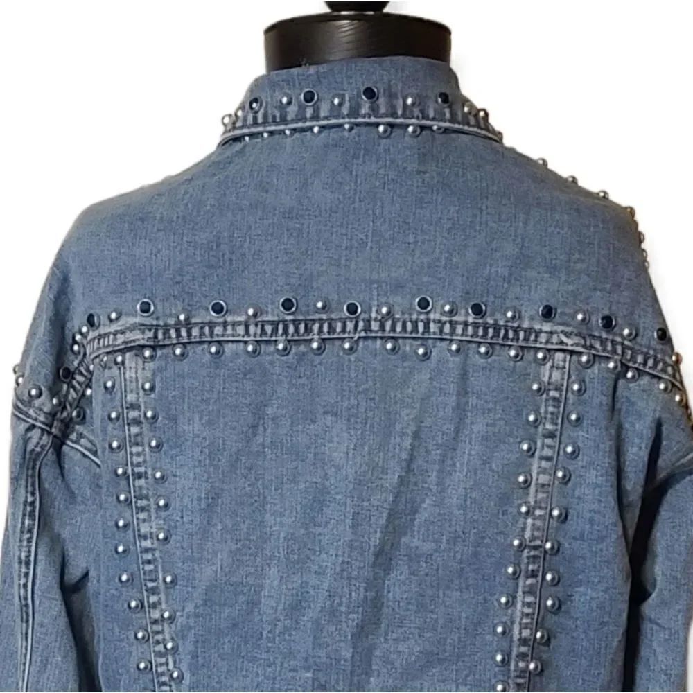 Studded Distresses Cropped Jean Jacket by Pink Lily Small - Picture 5 of 8